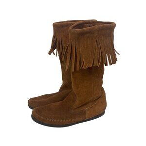 Minnetonka Moccasin Fringe Suede Boots 7 Mid Calf Grunge Hippie Boho Festival